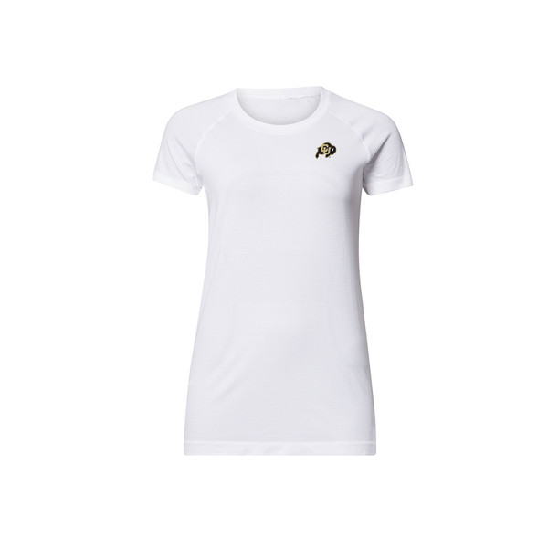 A white fitted short sleeve shirt. The left chest features a CU Buffalo Logo.