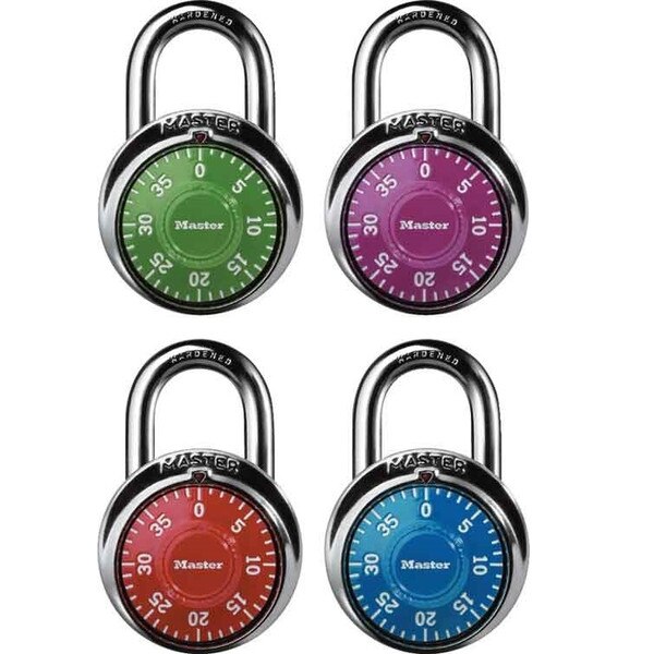 4 masterlocks with dials in different colors, lime green, magenta, red, and light blue with steel grey shackle.