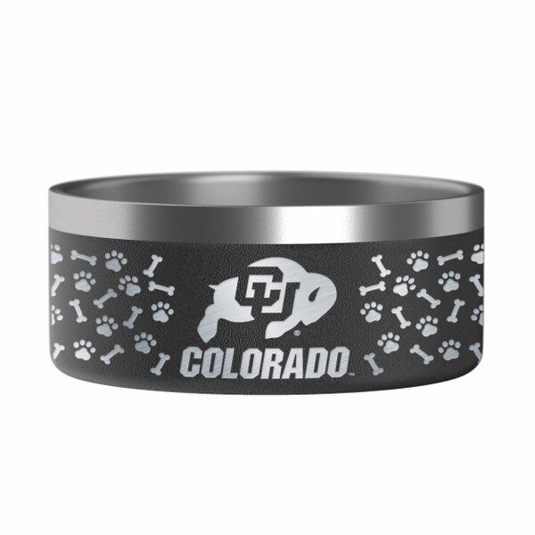 Black stainless steel dog bowl with laser etched CU buffalo logo and dog paws and dog bones.