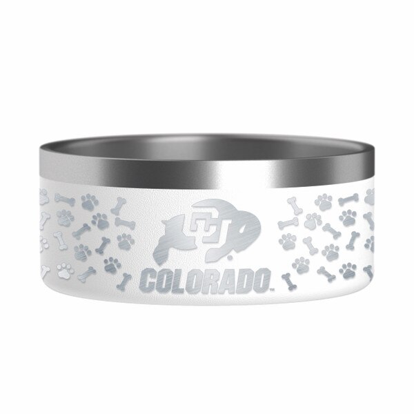 White stainless steel dog bowl with laser etched CU buffalo logo and dog paws and dog bones.