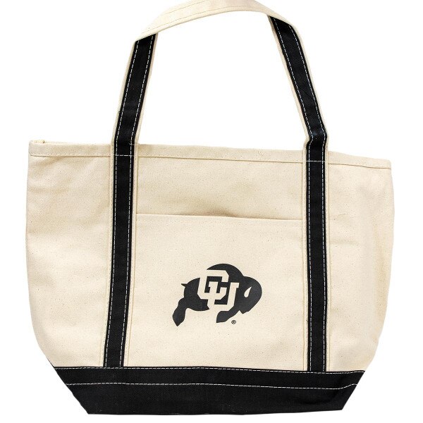 A cream-colored canvas tote bag with two black shoulder straps and a black bottom, and with a C-U Buffalo logo on the front.
