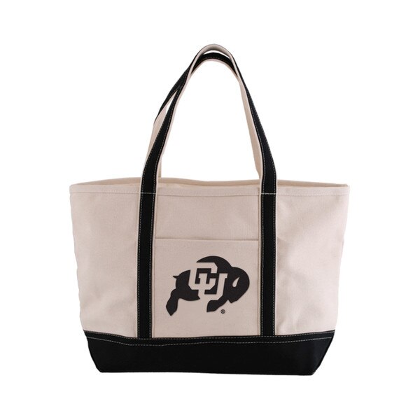 A canvas tote bag with black handle accents and a cu buffalo logo on the front.