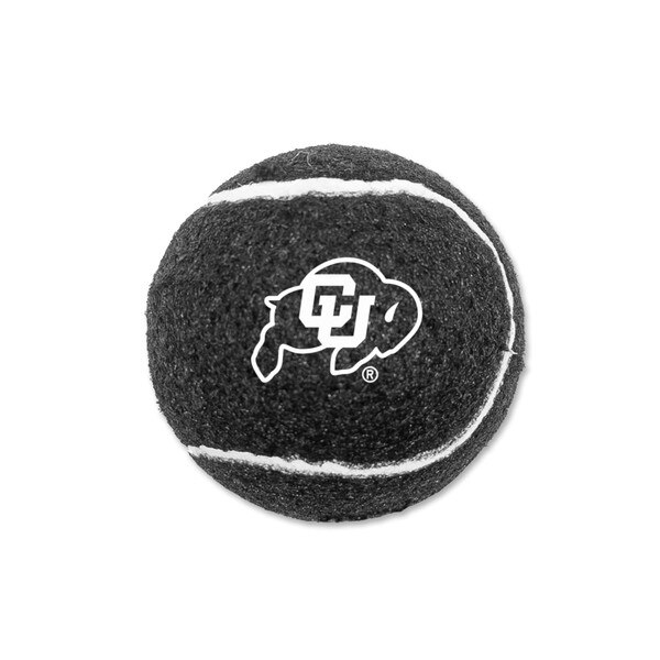 A black tennis ball featuring the CU Buffalo logo in Vegas Gold.