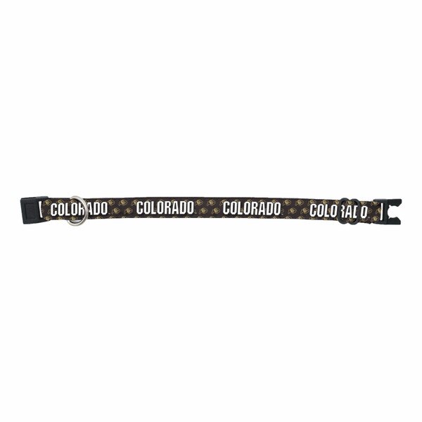 Adjustable cat collar with mini CU buffalo logos throughout with big white "Colorado" wording around the collar, with a plastic clasp and metal ring attached.