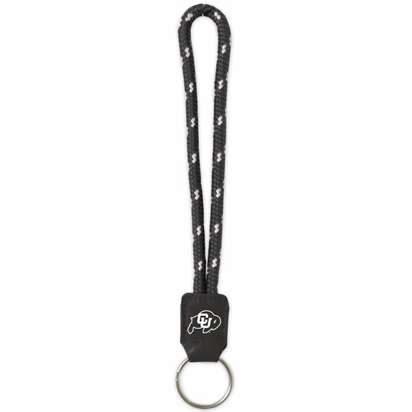 A black braided key tag with a black leather piece at the end adorned with a white C-U Buffalo logo on it, and a silver keyring beneath to hold your keys.