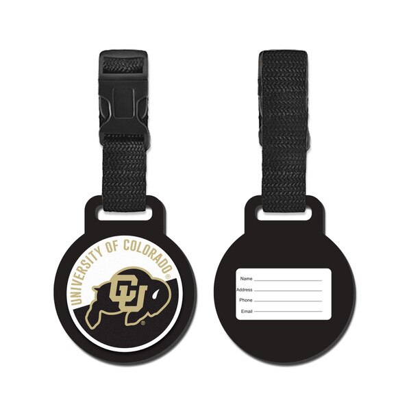 Black round luggage tag with the CU Buffalo logo in center, with "University of Colorado" arched above, with fabric strap with plastic buckle.
