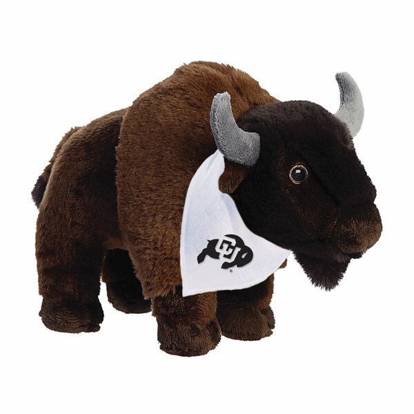 A buffalo stuffed animal with fluffy fur with a white bandana around its neck with the CU Buffalo logo printed on it.