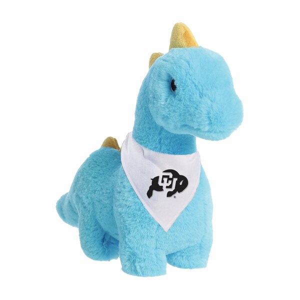 A blue diplodocus stuffed animal with orange spiked and a small white bandana that has the buffaloes logo and interlocking C-U outlined in the middle of the buffalo.