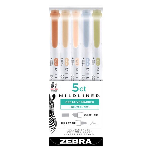 A pack of five double sided highlighters in dark brown, light brown, pale pink, light blue, and light green.