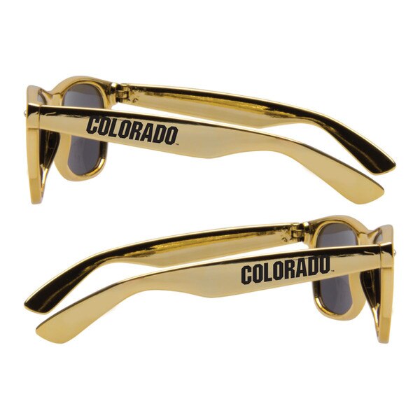 This is a pair of shiny metallic gold shades. The sides have Colorado printed on them in bold block lettering.