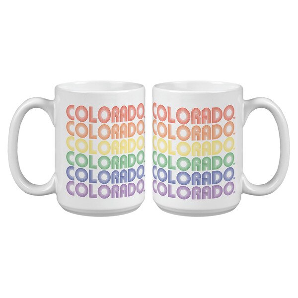 White Colorado Pride mug with "Colorado" written 6 times, in each of the colors of the rainbow.