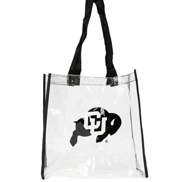 A clear tote bag with two black shoulder straps, and with a C-U Buffalo logo on the front.