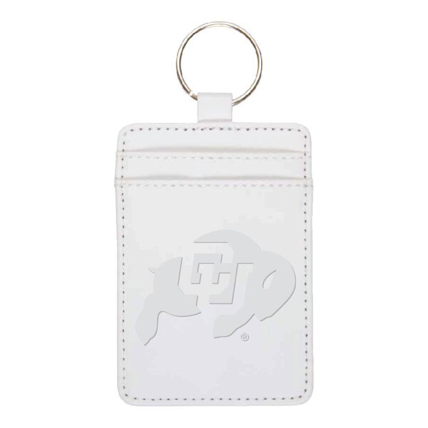 This is a white keychain wallet. The keyring on top is standard silver. The debossed logo is white, the same color of the entire wallet.