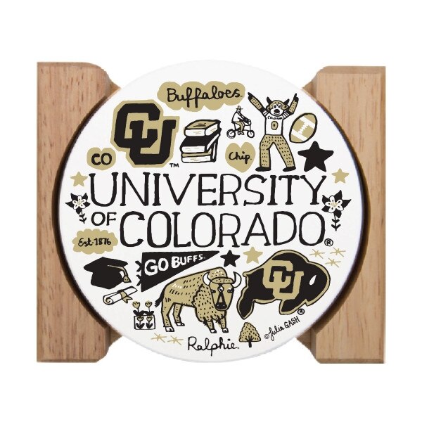 University of Colorado stone coaster set with Julia Gash artwork, cork backing, and natural wood holder