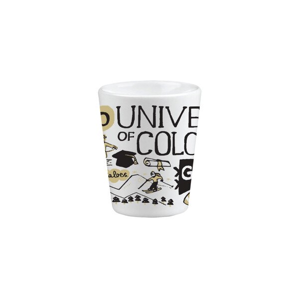Ceramic shot glass with Julia Gash, CU-themed artwork around the outside.