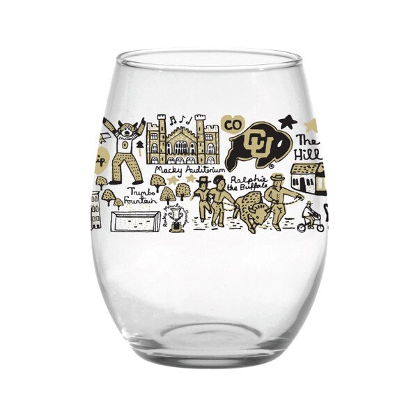 A wine glass with Julia Gash artwork showcasing C-U Boulder locales in black and vegas gold doodles.