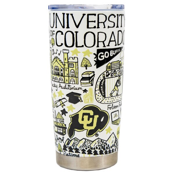 A University of Colorado to-go aluminum cup with black and vegas gold doodles of CU Boulder attractions.