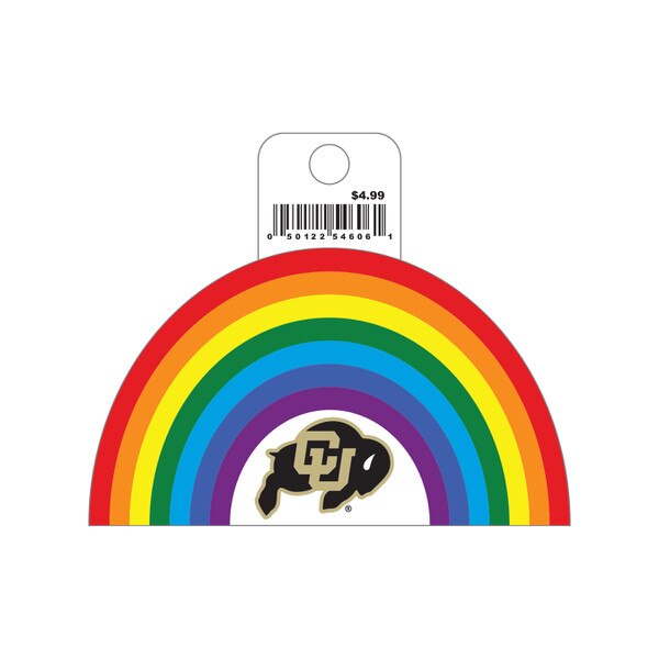This is a sticker with a rainbow covering most of the surface. There's a small CU Buffalo logo underneath the rainbow. The sticker itself is rounded on top and flat on the bottom.