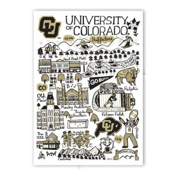 This is a rectangular sticker with a white background. It exhibits a lovely campus scene with many iconic landmarks, including Folsom Field and the Flatirons. The colors are black, white, and Gold.