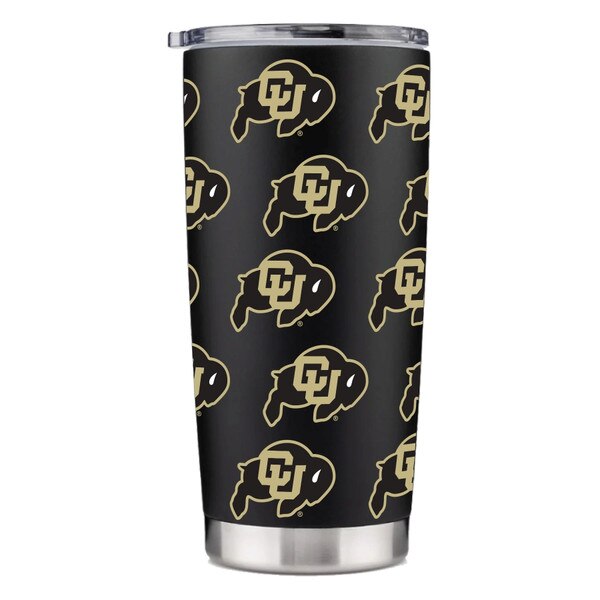 A black travel tumbler with the CU Buffalo logo printed around it multiple times.