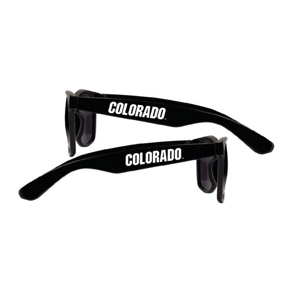 Black sunglasses with Colorado written on the sides in white.