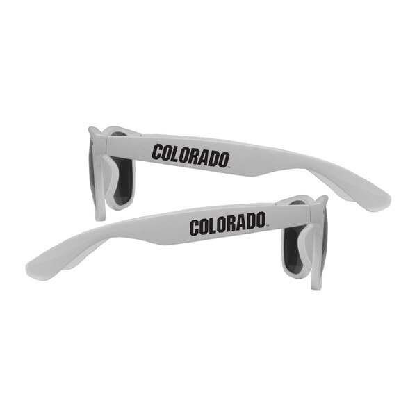 White sunglasses with Colorado written on the sides in black.