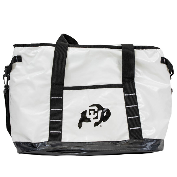 A white cooler bag with a CU Buffalo logo and shoulder strap.