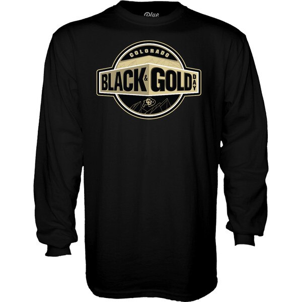 Black long sleeve shirt featuring a Colorado Black & Gold Day circular graphic across the chest with a CU Buffaloes logo and mountain design.