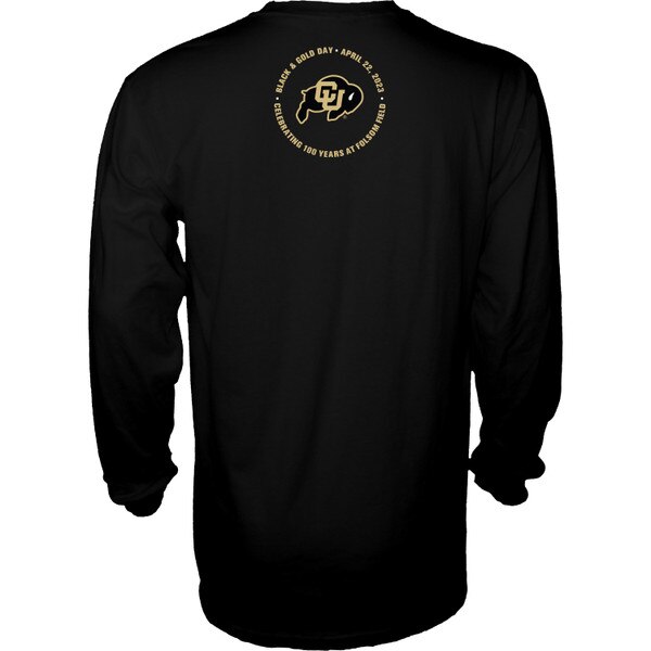 Back of black long sleeve shirt with CU Buffaloes logo and “Black & Gold Day • April 22, 2023” text.