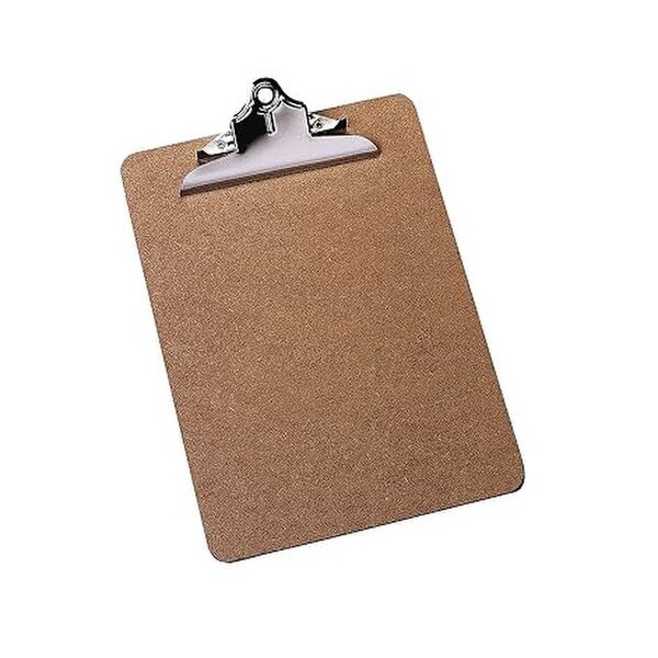 Clipboard made with brown hardboard and metal clip at top to hold papers.