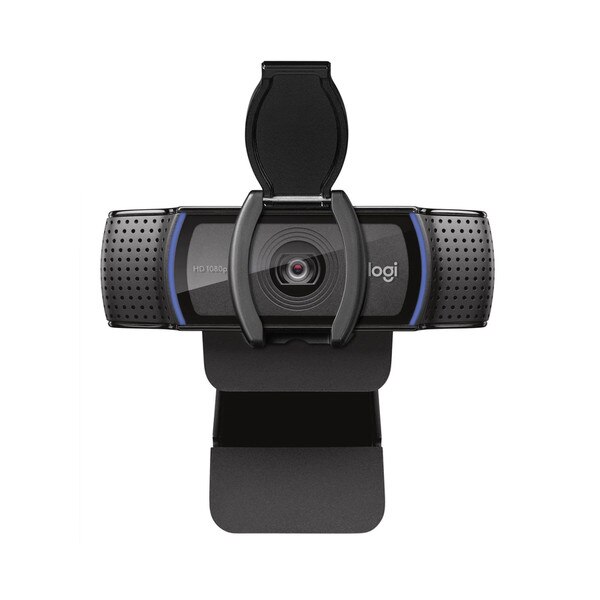 A black webcam that says "logi" with the lens cover raised.