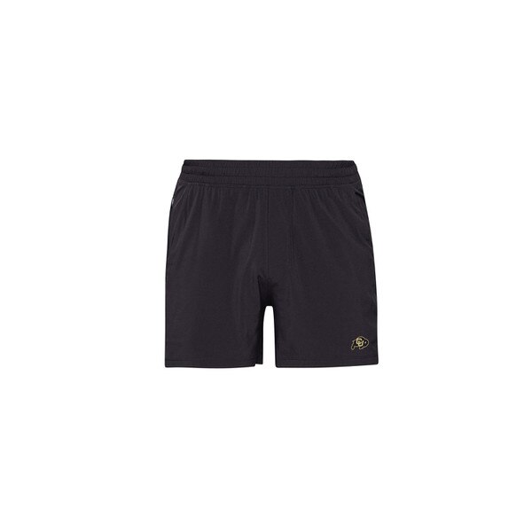 A black 5 inch inseam lululemon short, with CU buffalo logo and 3 side pockets.