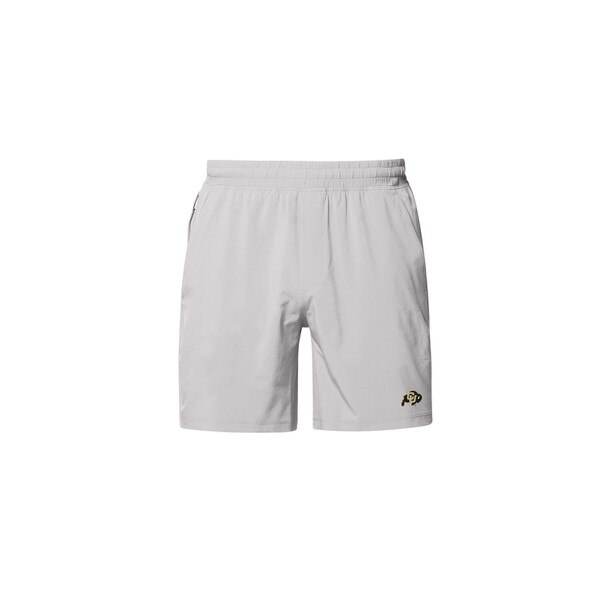 A gray 5 inch inseam lululemon short, with CU buffalo logo and 3 side pockets.