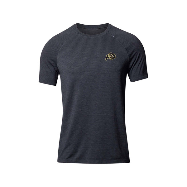 A gray lululemon t-shirt with the Colordo Buffaloes logo on the left corner of the chest.