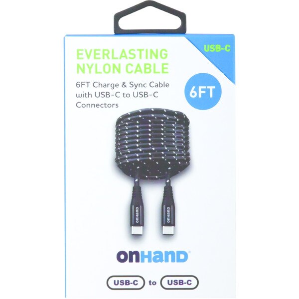 A black nylon white-polka-dotted six feet U-S-B-C to U-S-B-C charging cord.