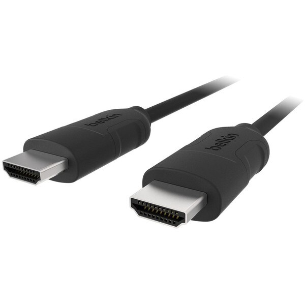A black, six foot HDMI cable with "belkin" written on both plug-ins.