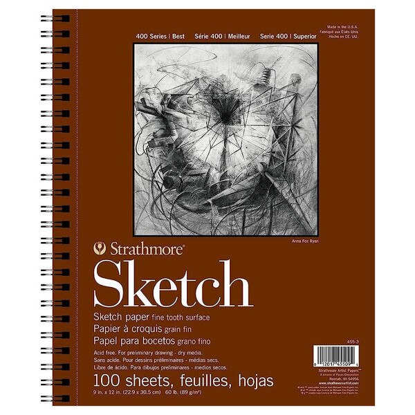Strathmore 400 Series Sketch pad with 100 sheets of 9" x 12" fine-tooth sketch paper, ideal for dry media.