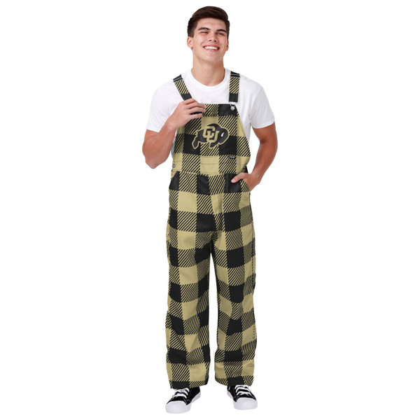 Black and vegas gold plaid overalls with a bib pocket and two front pockets, featuring a C-U Buffalo logo on the center front.