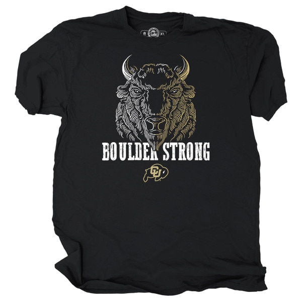 This is a Black T-shirt with a detailed buffalo portrait on the front. It has Boulder Strong in bold, white font, and a small CU Buffalo logo underneath.