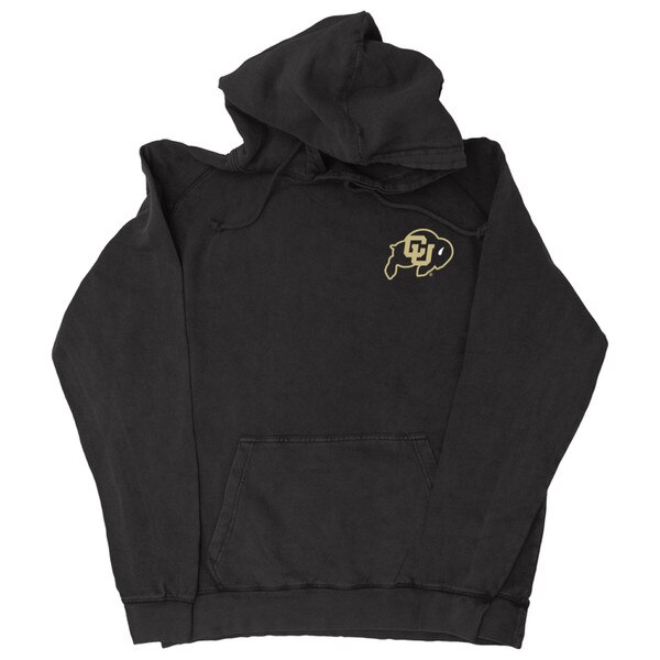 This is an all-black hoodie with drawstrings and the iconic CU Buffalo logo printed on the left chest area.