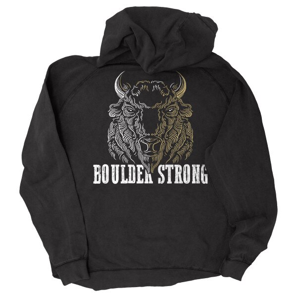 This is the back of the hoodie. It features a detailed buffalo drawing in gold and white. Underneath the buffalo, Boulder Strong is printed in bold block font.