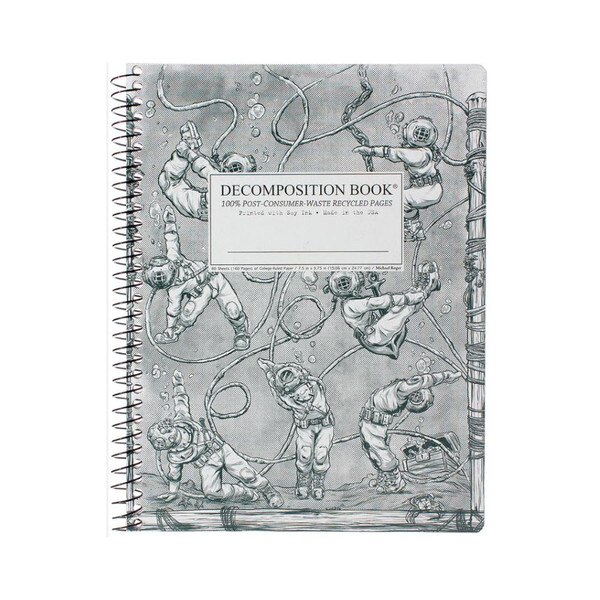 This is a Decomposition branded spiral bound composition book. The text on the cover is warm gray. The cover has retro scuba divers performing various stretches.