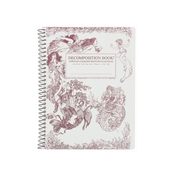 A spiral notebook that has a mermaid design in pink and says "Decomposition Book."