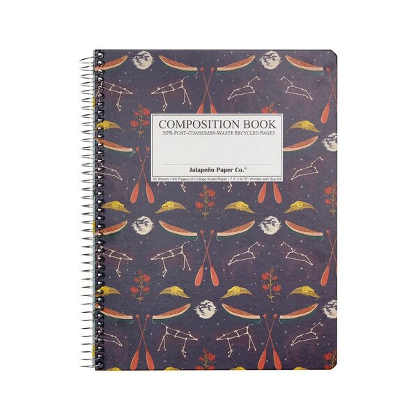 This is a spiral bound composition book. The text on the cover is black. The cover is adorned with Bear constellations, moons, frogs, canoes, and flowers in a repeating pattern.