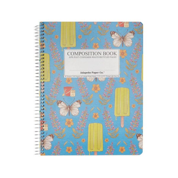 This is a spiral bound composition book. The text on the cover is black. The cover is blue and has a Catalina Island Theme. There are drawings of flowers, popsicles, butterflies, and sandcastles.