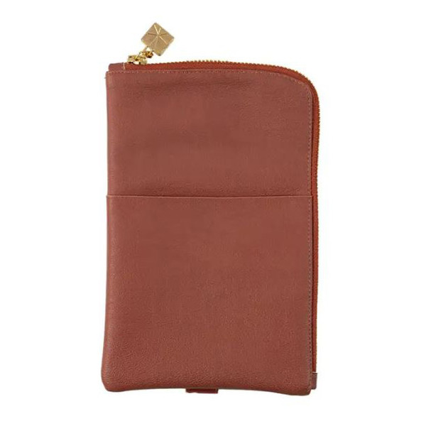 A brown planny pack with pockets inside and with a gold square zipper.