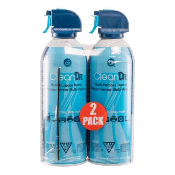 Two white cans with blue lids and designs. Each can is ten ounces and has a nozzle to clean electronics.