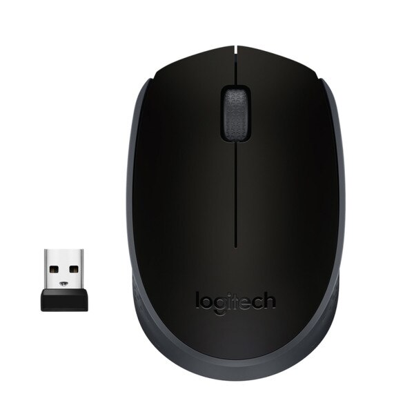 A black wireless mouse that says "logitech" and a computer plug-in to allow mouse to sync.