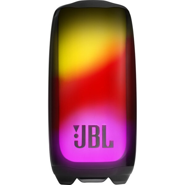 A black speaker that lights up with the JBL logo on the bottom.