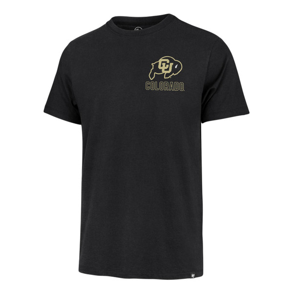 This is a black t-shirt, the front has a CU Buffalo logo on the left chest with Colorado in bold font underneath.